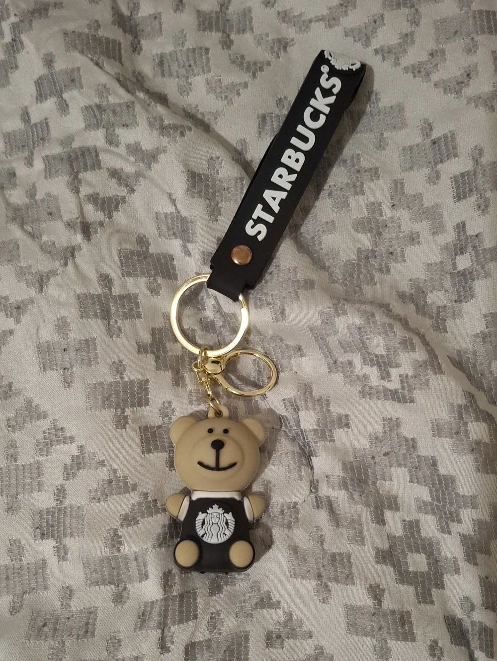 Beige Bear Keychain with Black Logo Strap and Gold Hardware
